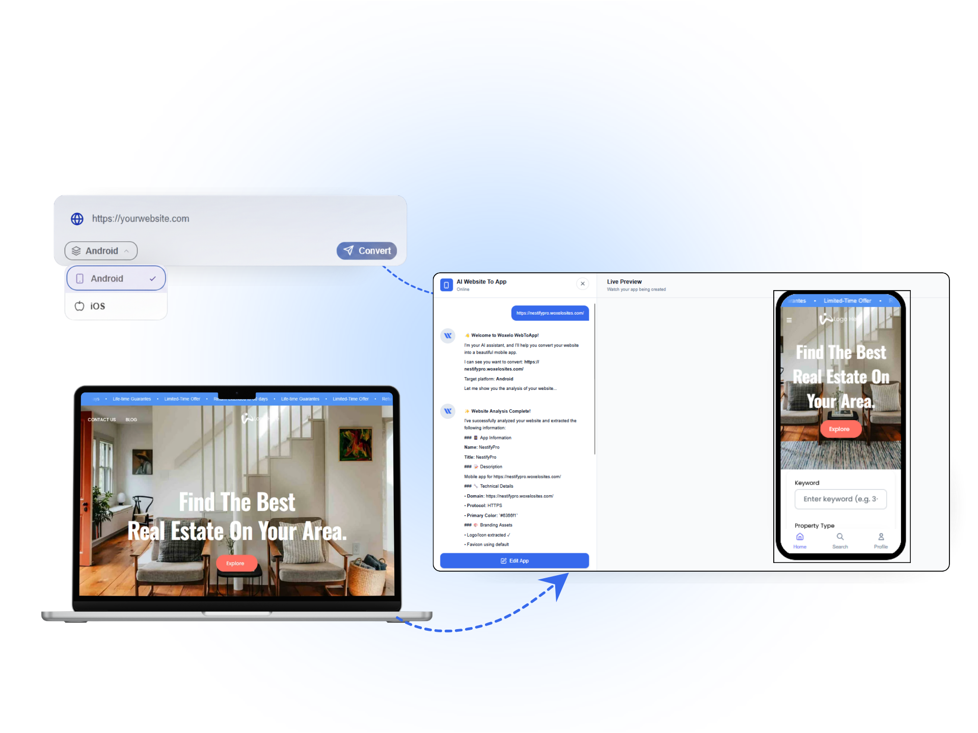 woxelo mobile app converter showing a website being converted to a mobile app.
